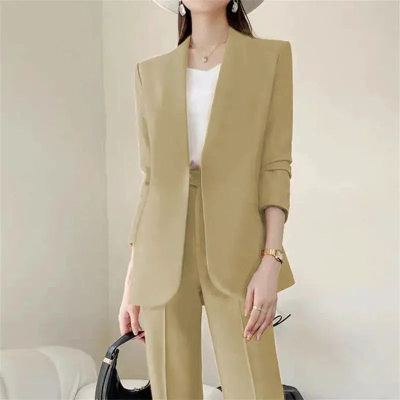 Women's beige 2-piece suit set with tailored blazer and wide-leg pants