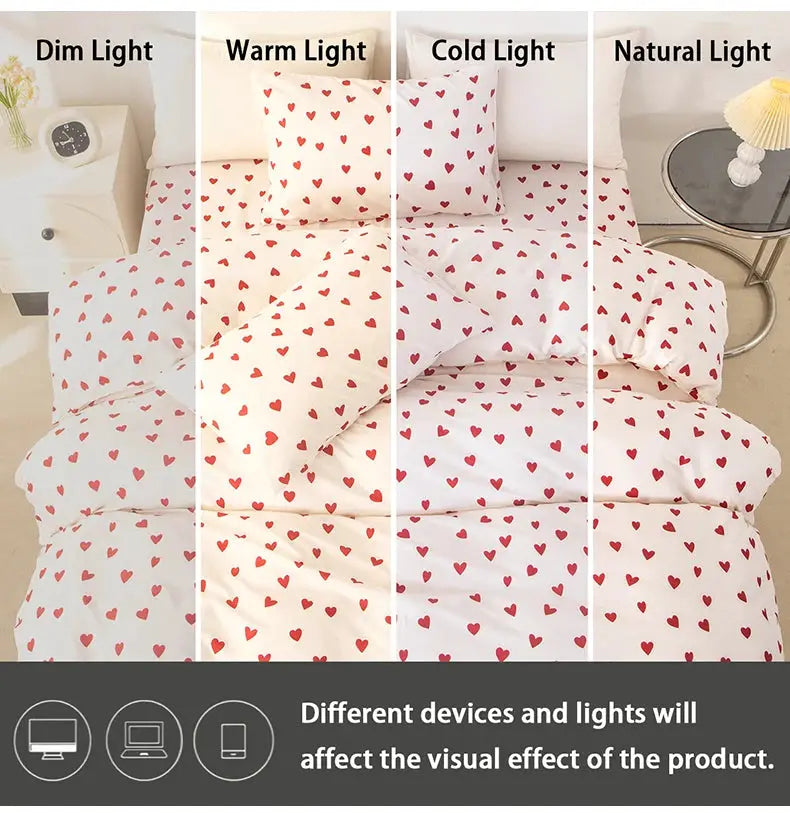 Simples Market 3-piece red heart print duvet cover set (1 duvet cover + 2 pillowcases), soft skin-friendly bedding