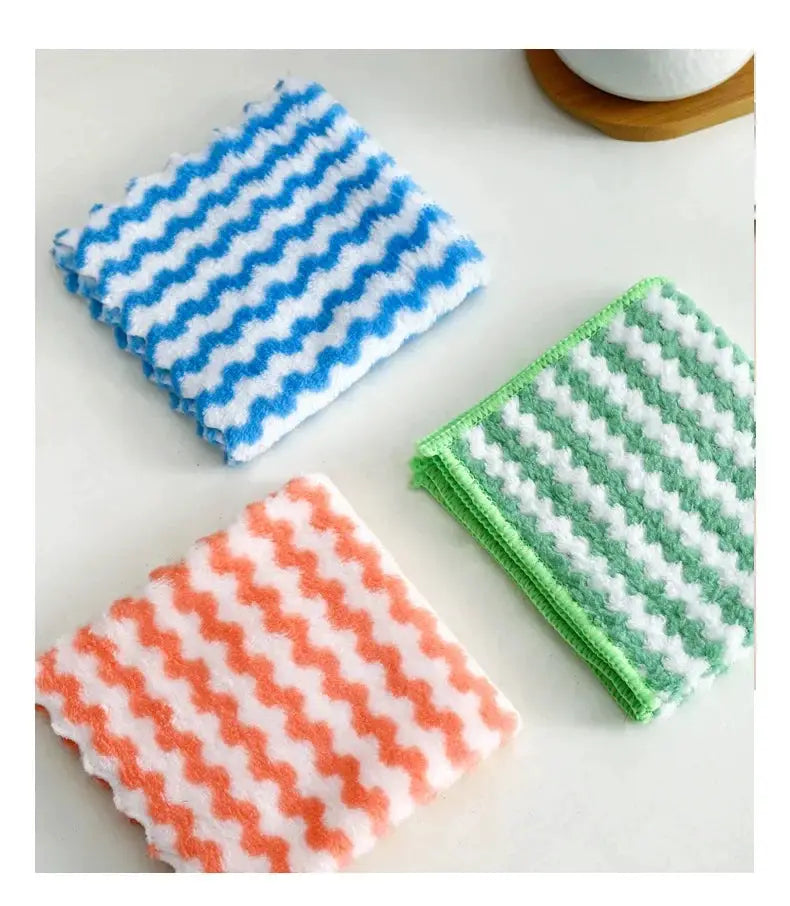 Kitchen microfiber wipe set, 20 pcs, Simples Market; coral velvet wave design cloths in blue, green, and coral