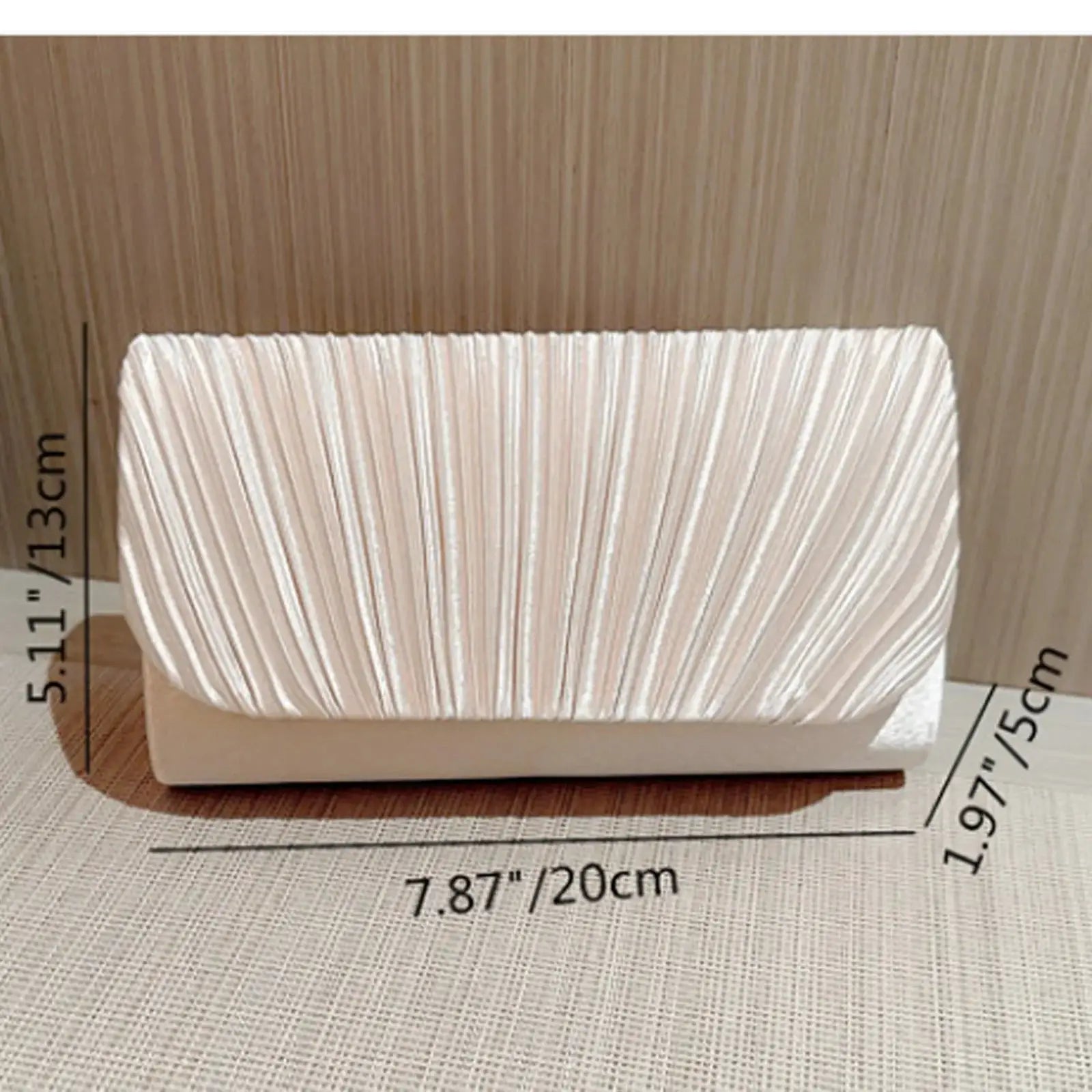 White pleated evening clutch bag with satin-like finish, rectangular party purse for weddings