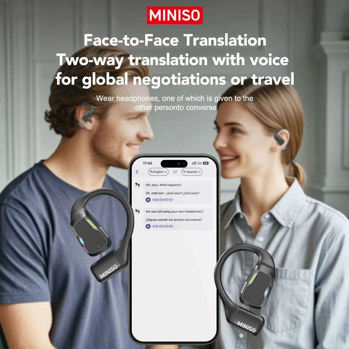 MINISO M98 wireless neckband earphones in black; two units shown with a translator app on a smartphone