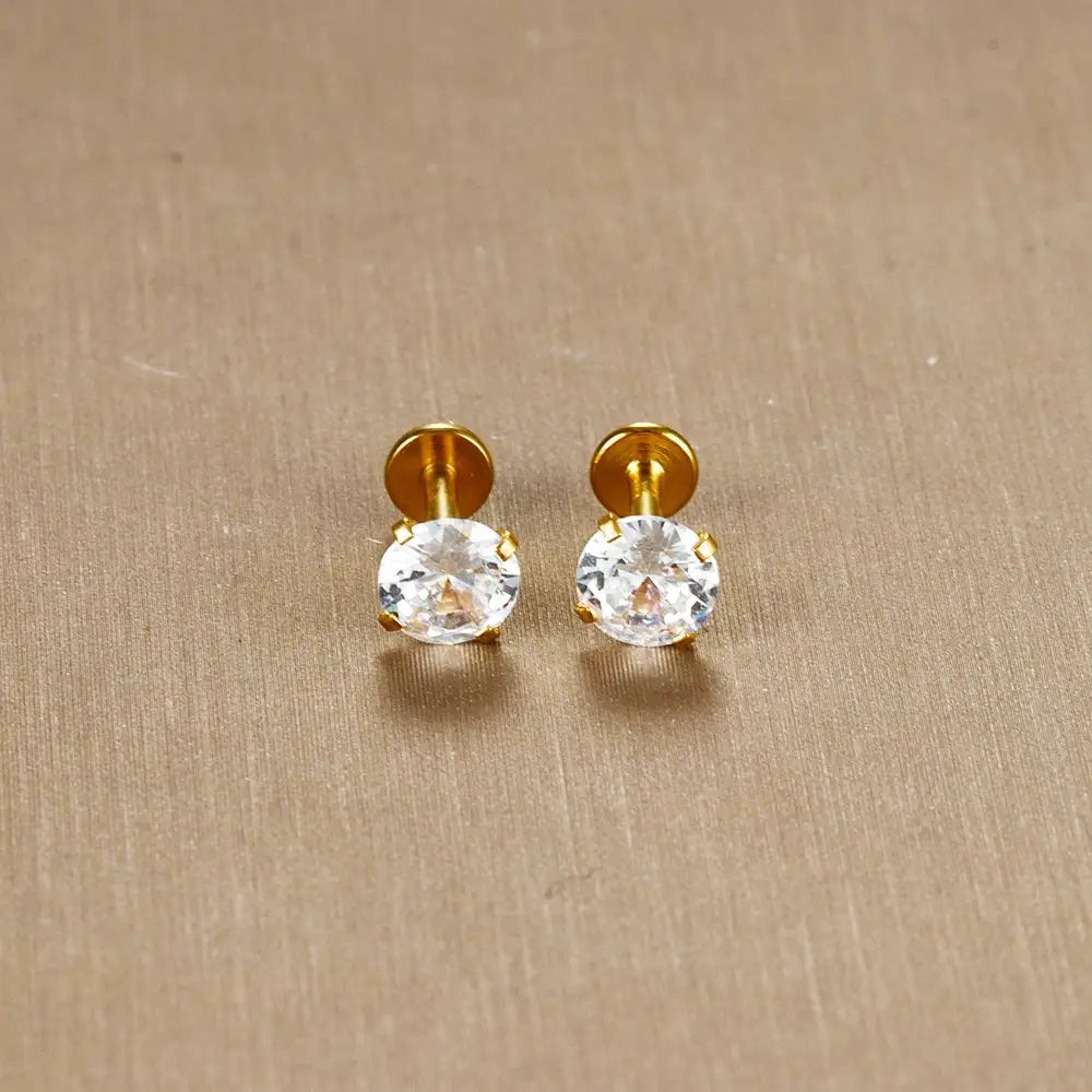 2pc gold-tone stud earrings with clear CZ crystals for labret/tragus cartilage piercings, gift-ready