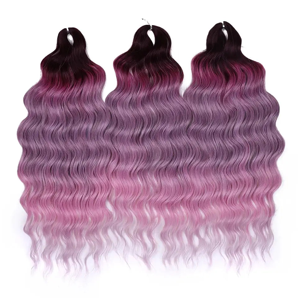 Anna synthetic hair 24in water-wave braiding extensions, triple bundle in purple-pink ombre gradient by Simples Market