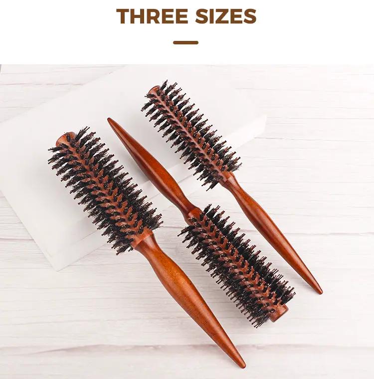 Wooden round boar-bristle hair brushes, set of 3, brown handles