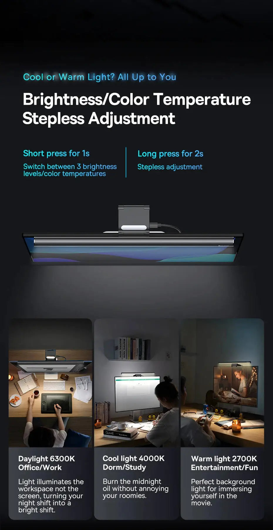 Baseus Screen Light desk lamp clipped to LCD monitor with adjustable brightness and color temperature Simples Market