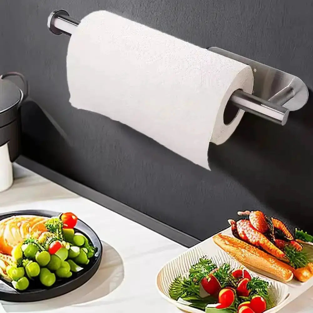Stainless steel wall-mounted kitchen paper towel holder with adhesive mount