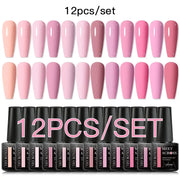 Meet Across 12pcs pink glitter gel nail polish set for semi-permanent manicure; pastel pink to mauve shades