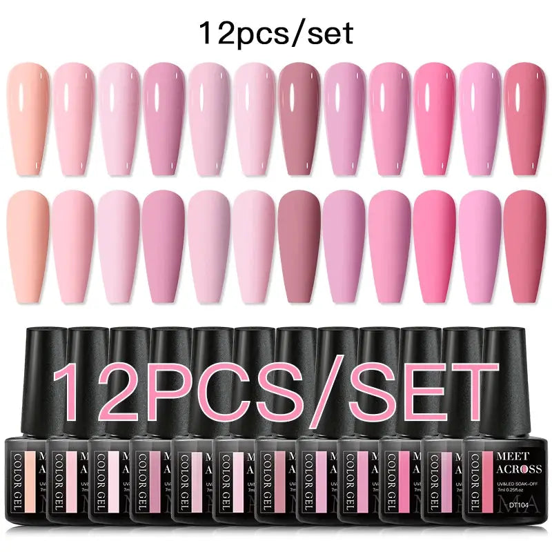 Meet Across 12pcs pink glitter gel nail polish set for semi-permanent manicure; pastel pink to mauve shades