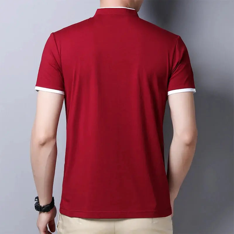 Men's red short-sleeve stand-up collar T-shirt with white sleeve cuffs