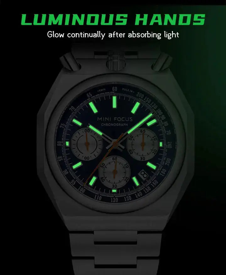 MINI FOCUS chronograph quartz men's watch with stainless steel strap, luminous green hands, calendar window, waterproof