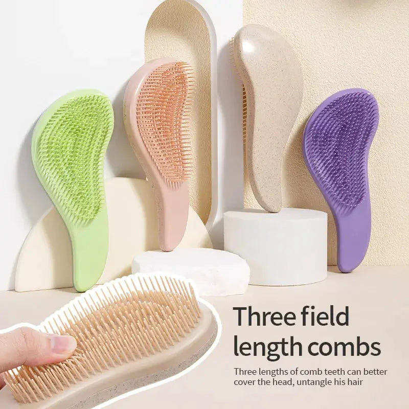 Detangling hairbrush set of four with soft wheat straw bristles in green, pink, beige, and purple