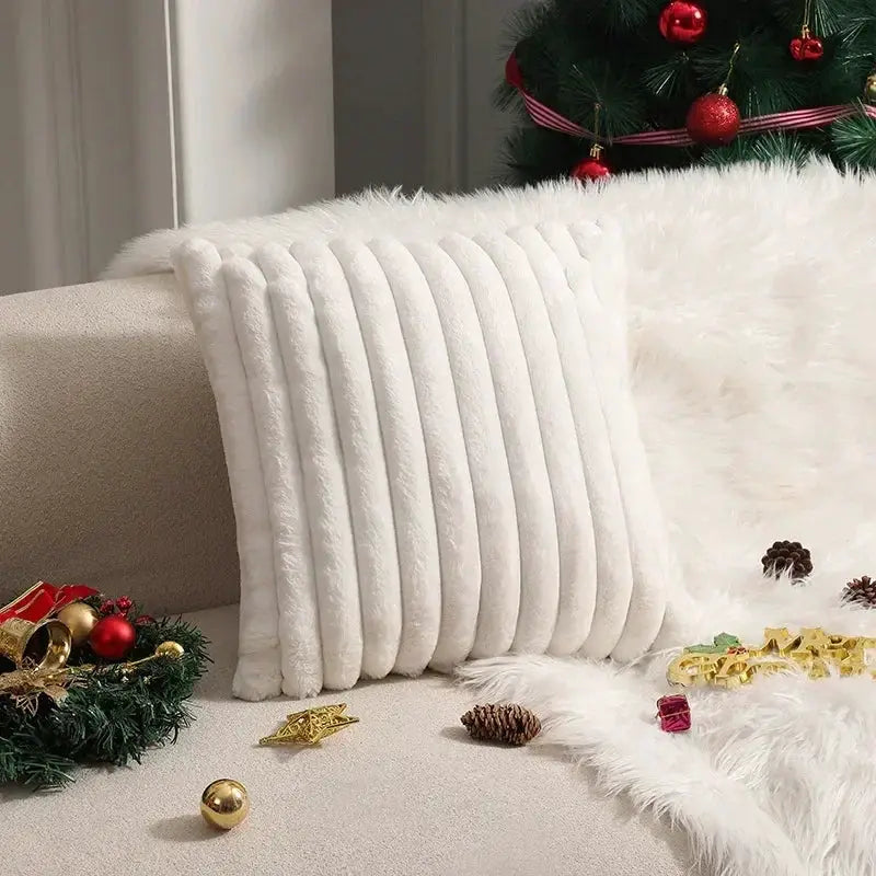 Faux rabbit fur cushion cover in white with vertical striped plush texture for sofa decor