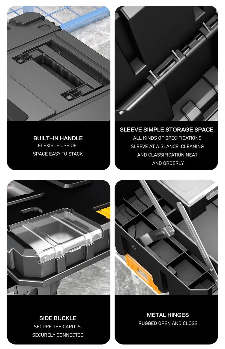AIRAJ four-piece stackable toolbox set; black modular toolboxes with built-in handle, wheels and metal hinges.