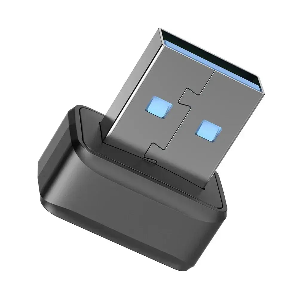 USB fingerprint reader on cradle; gray USB-A biometric security key with blue indicator lights