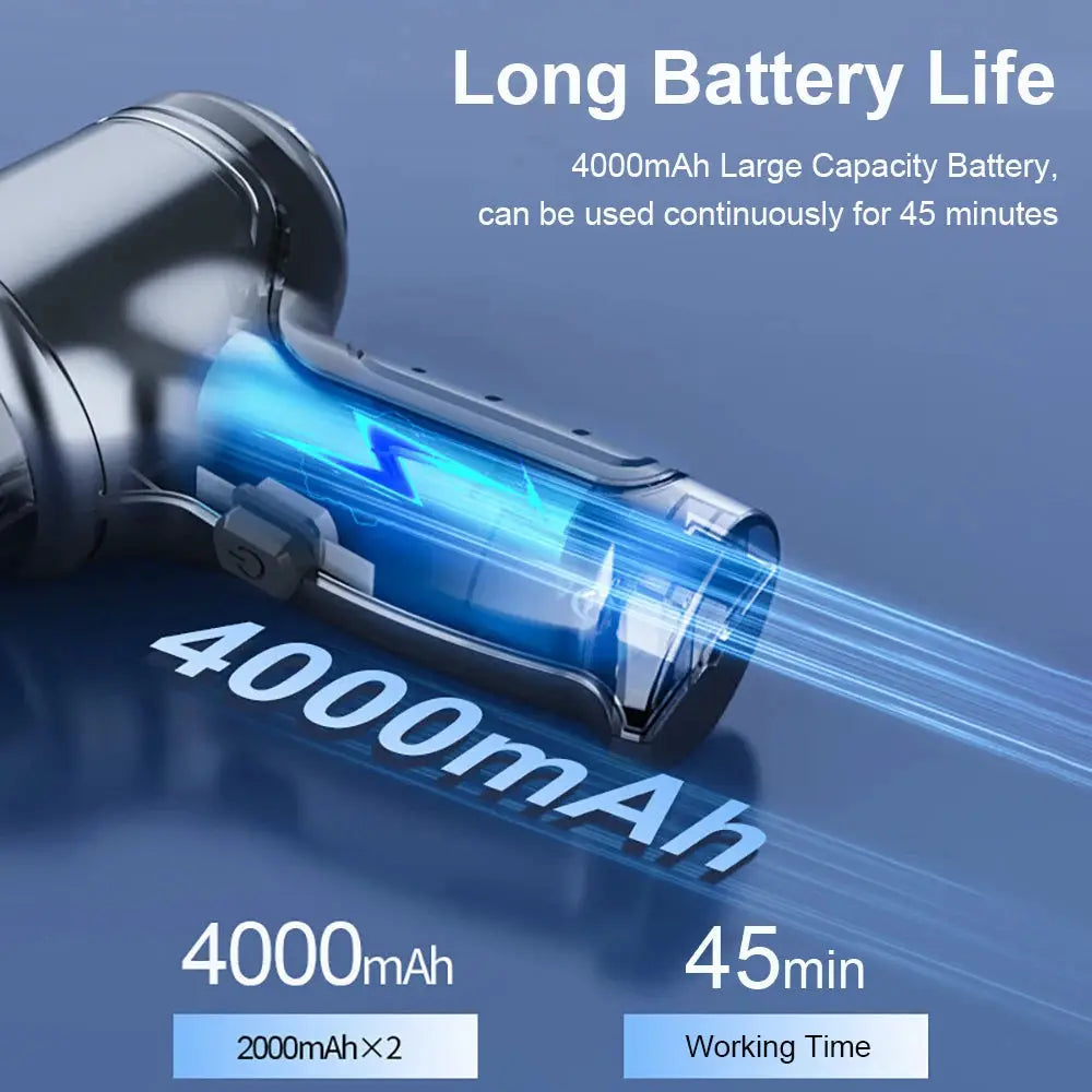 Car vacuum cleaner wireless handheld with 95000Pa suction; 4000mAh battery, 45 minutes runtime.
