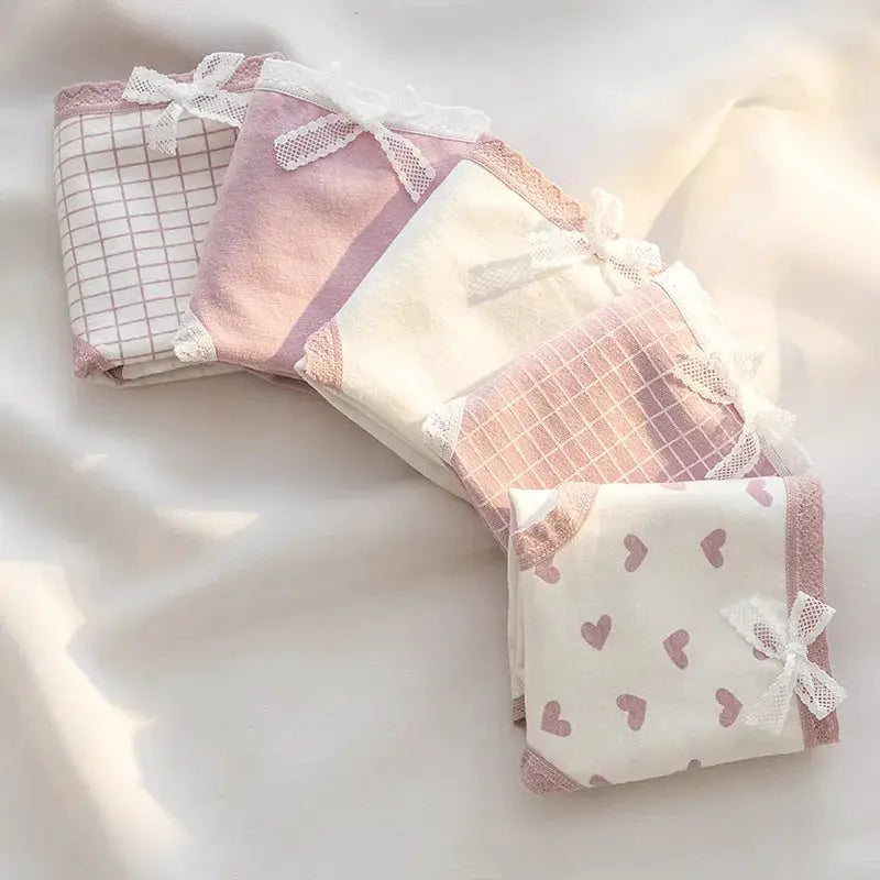 5Pcs Cute Love Cotton Panties Set by Simples Market; pastel pink/white prints with lace trim