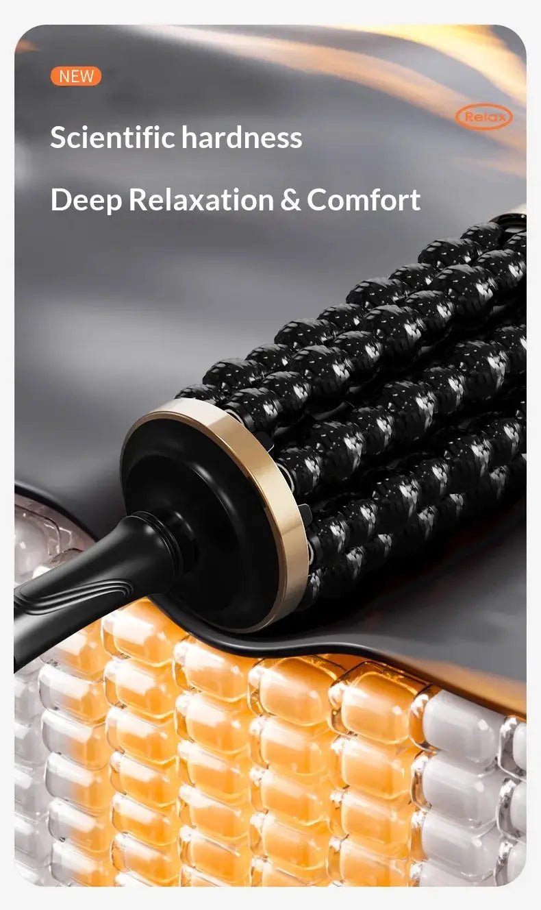 Rechargeable rolling massager by Simples Market, handheld with 72-point black textured roller and gold accent