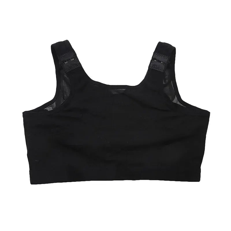 Black post-surgery breast support bra with wide adjustable straps and breathable mesh panels.