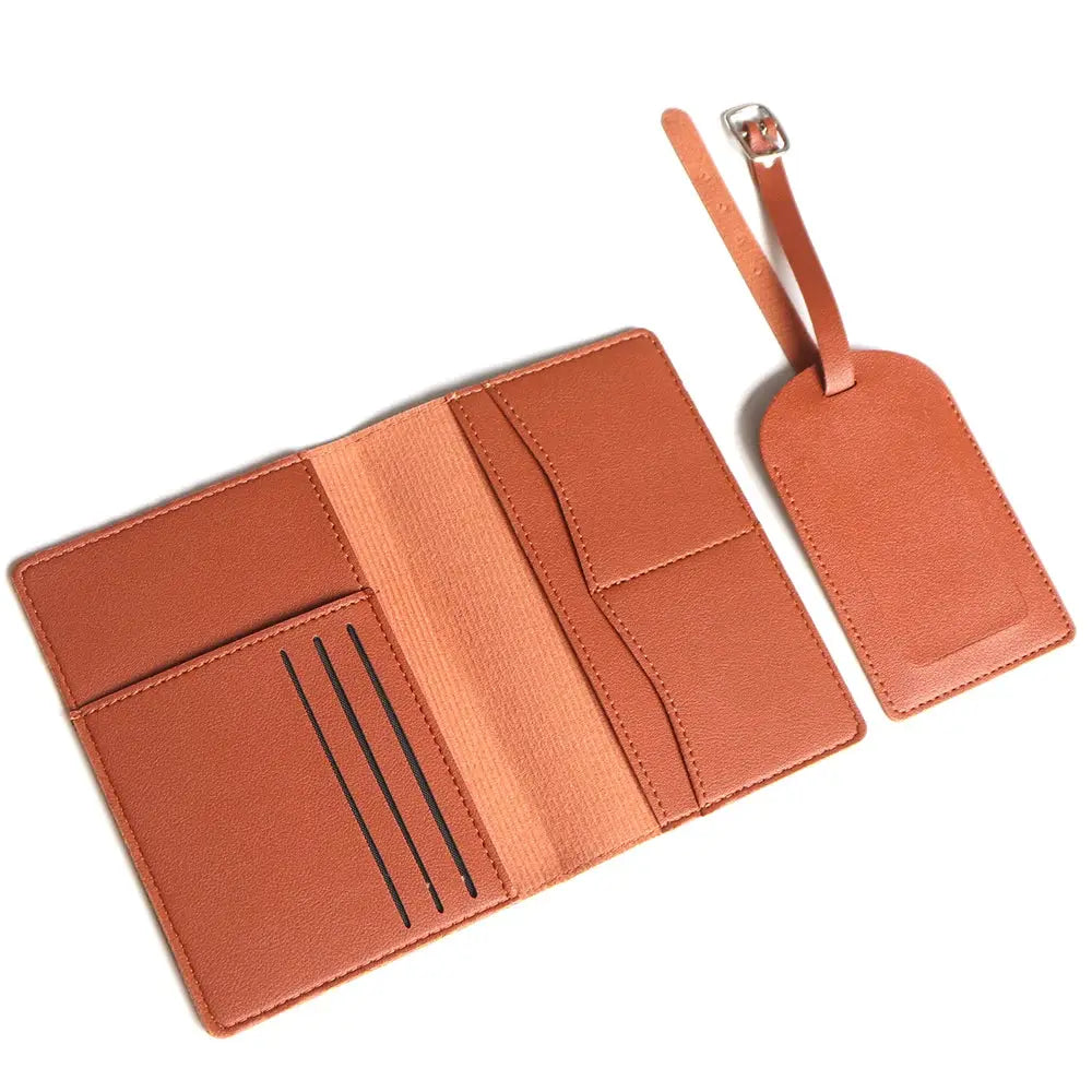 Passport cover set in tan leather with luggage tag and card slots