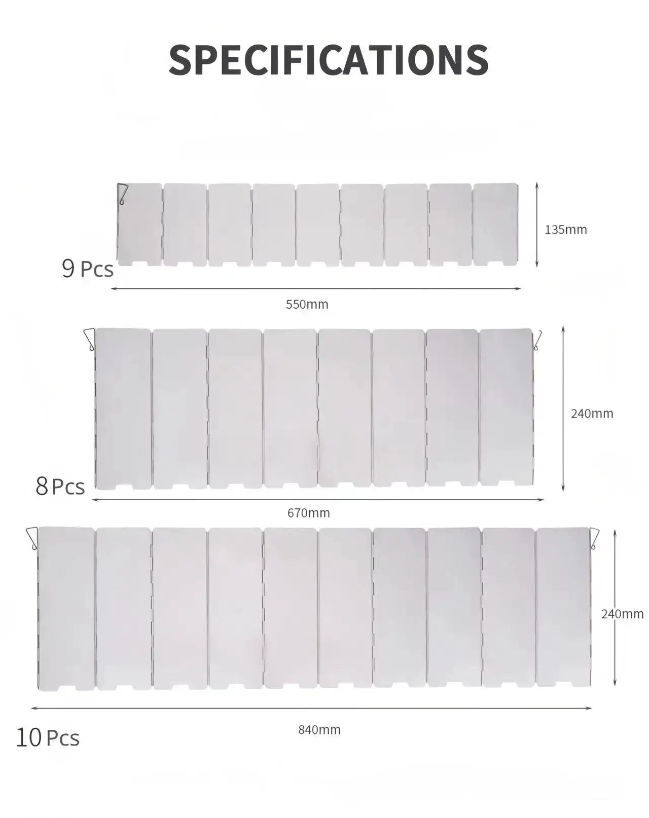 Aluminum wind shield panels for gas stove; 8/9/10-piece camping set, up to 840mm long
