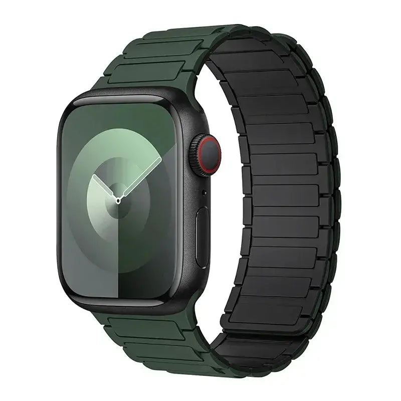 Magnetic Loop Apple Watch band; green and black silicone bracelet for 38–49mm Apple Watch.