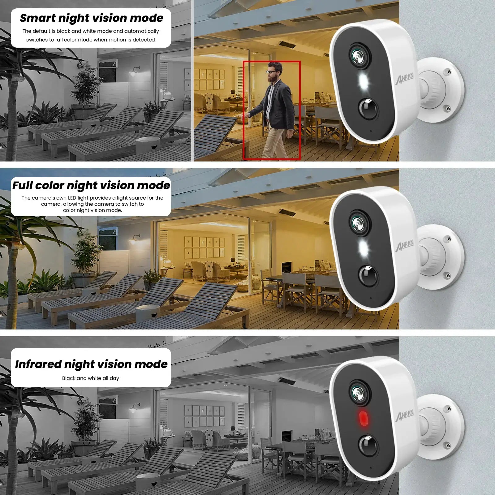 ANRAN 2K rechargeable wireless security camera, white; wall-mounted outdoor surveillance with smart color infrared night vision
