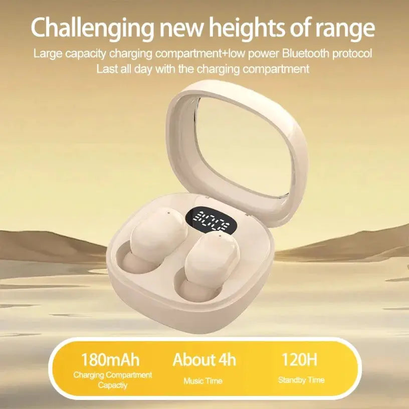 VIKEFON Bluetooth 5.3 TWS wireless earphones in white charging case with LED display