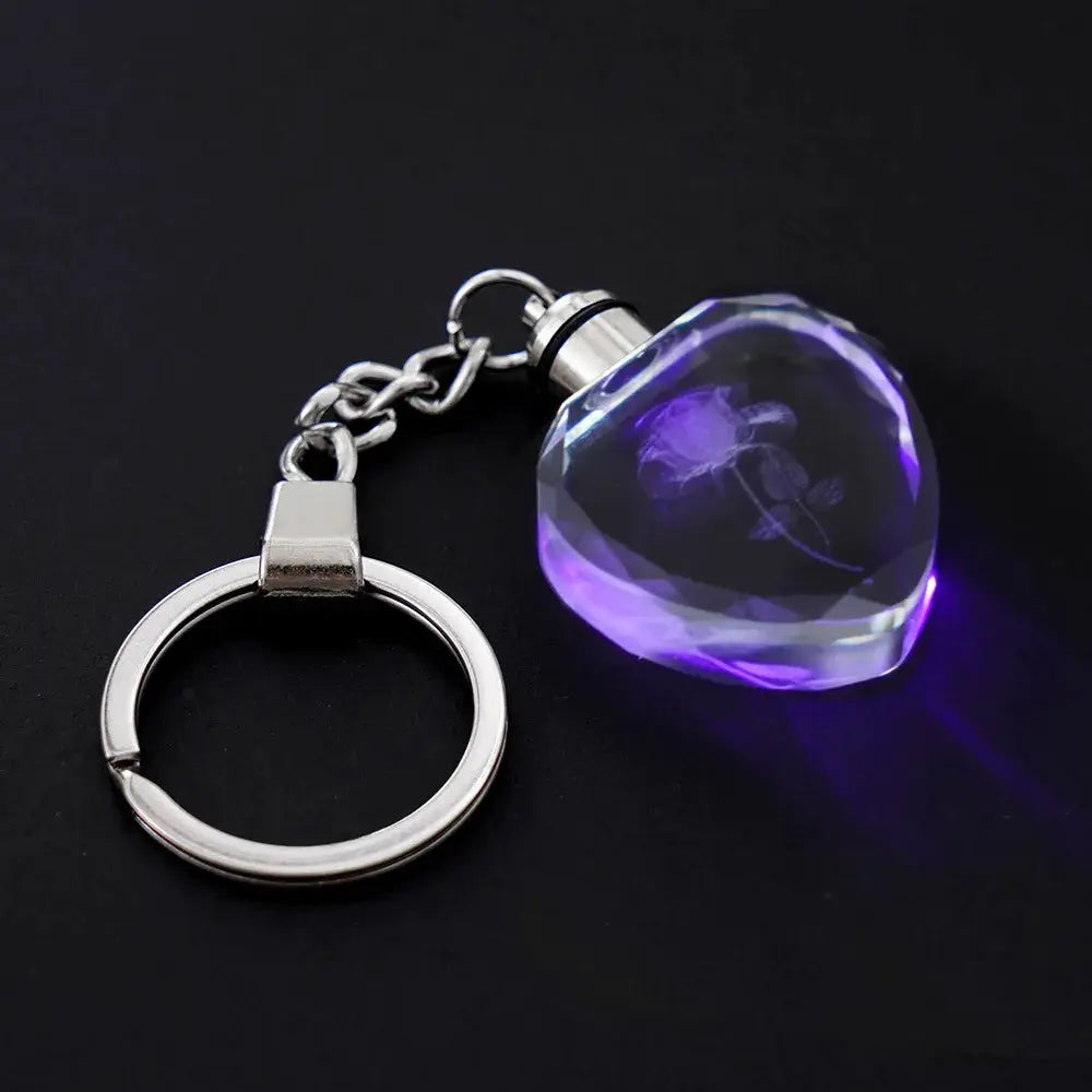Love Heart LED Light Keychain With Colorful Fairy Rose Pattern Crystal Rhinestones