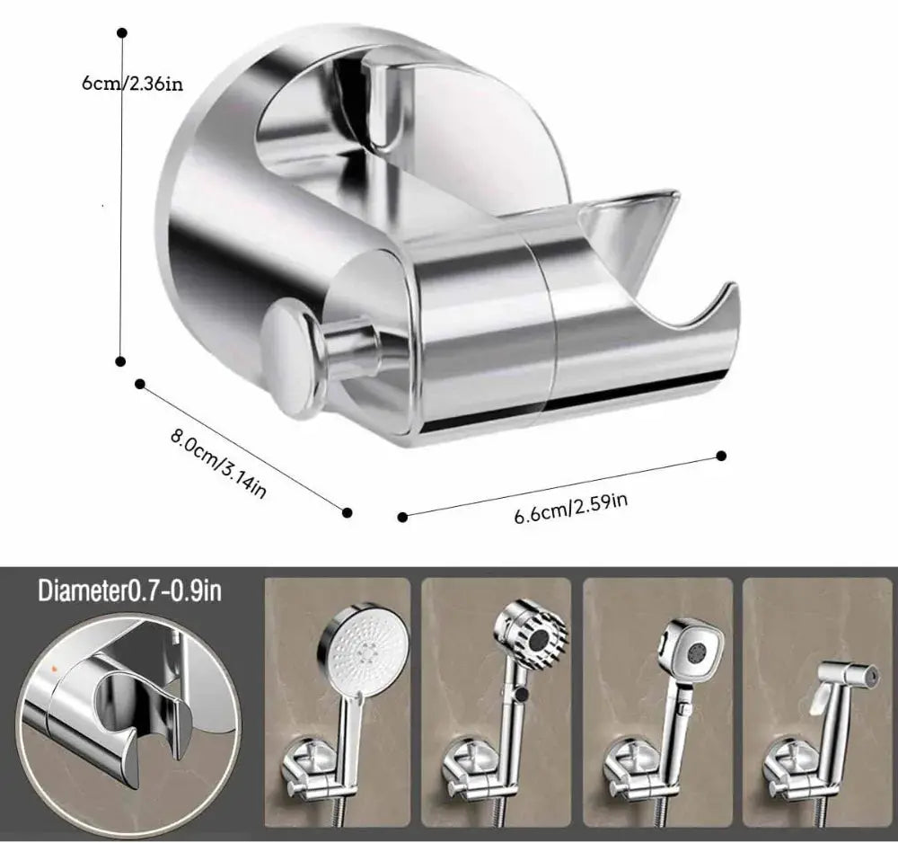 Simples Market round chrome shower head holder; adjustable wall-mounted, self-adhesive base with four attachment options shown