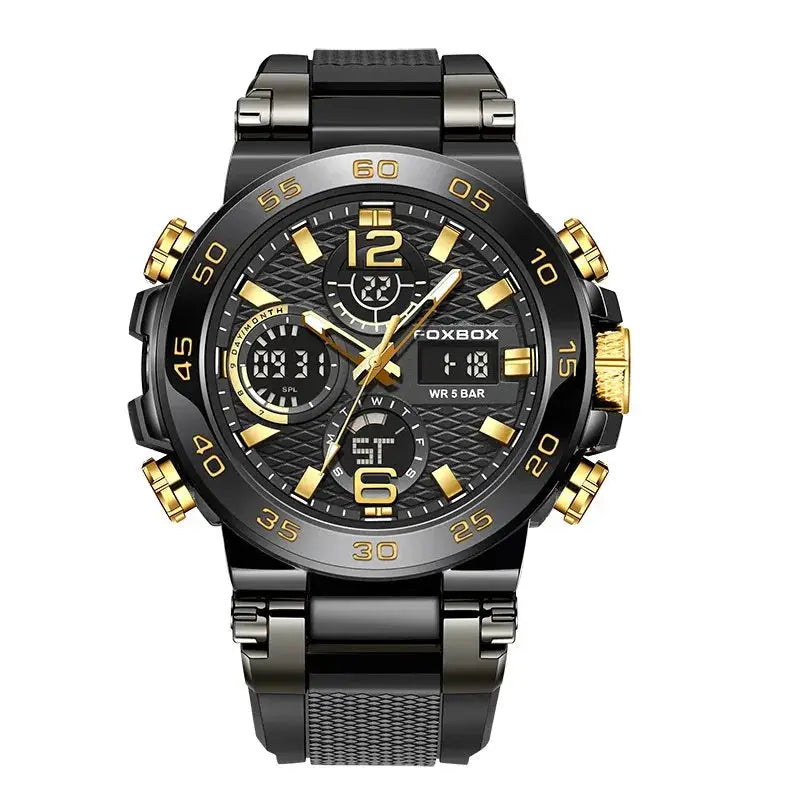 LIGE electronic men's wristwatch with LED display, black and gold, Foxbox logo