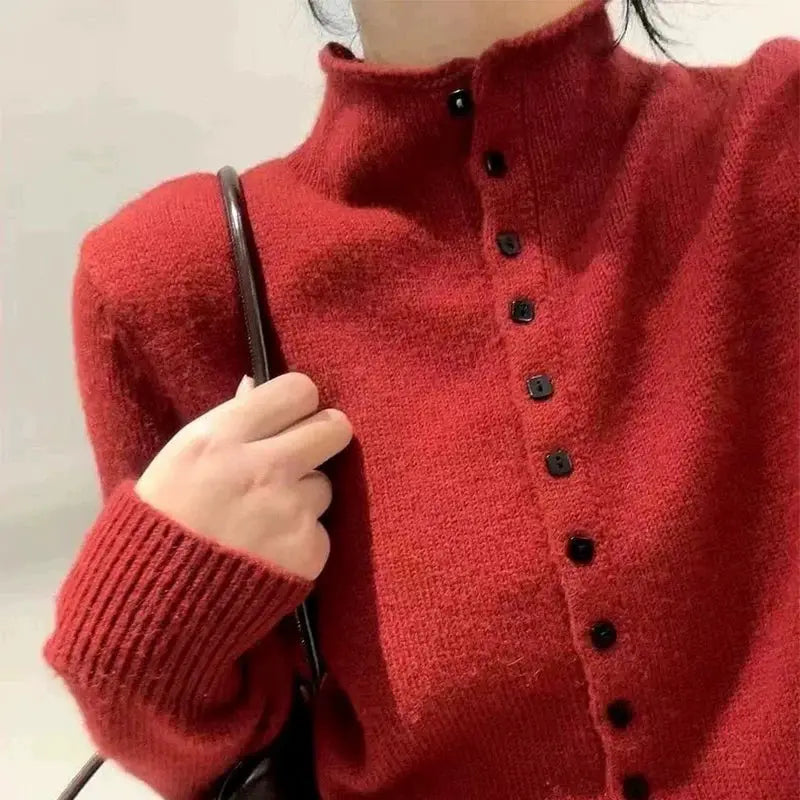 CozyWear Women's Standup Collar Cardigan Sweater Heavyweight Knit Single Breasted Autumn Outerwear