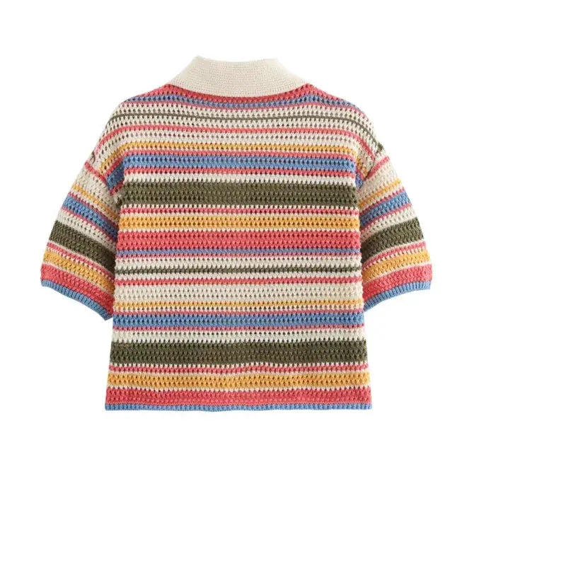 Women Patchwork Striped Crochet Knit Set Polo Collar Shorts Y2K Style