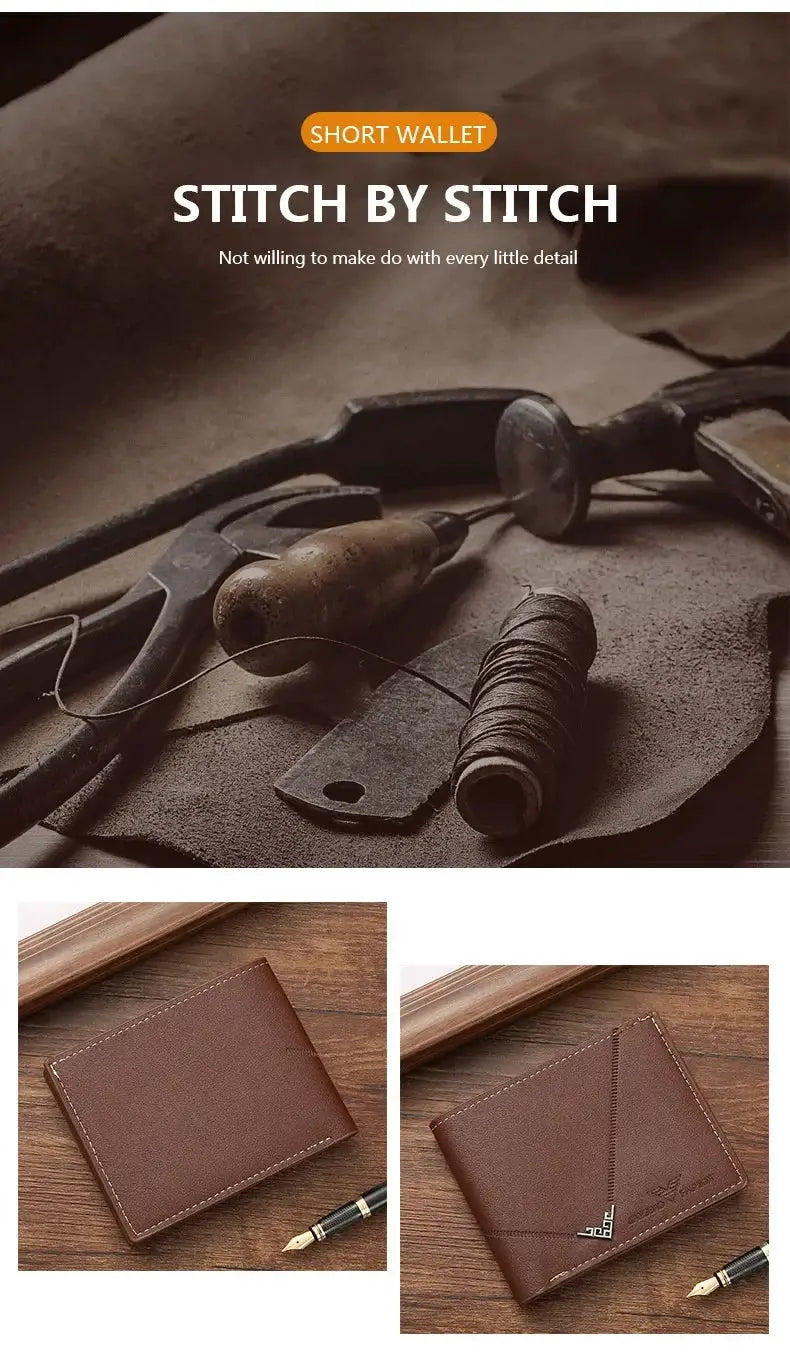Slim leather wallet for men; brown bifold front-pocket style with RFID blocking, front and back views.