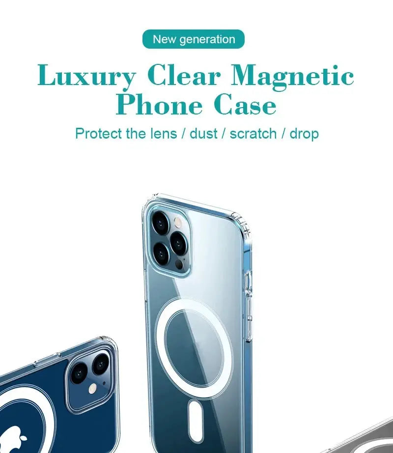 Simples Market Original Clear MagSafe wireless charging case for iPhone 11–16 series, shown on three transparent cases