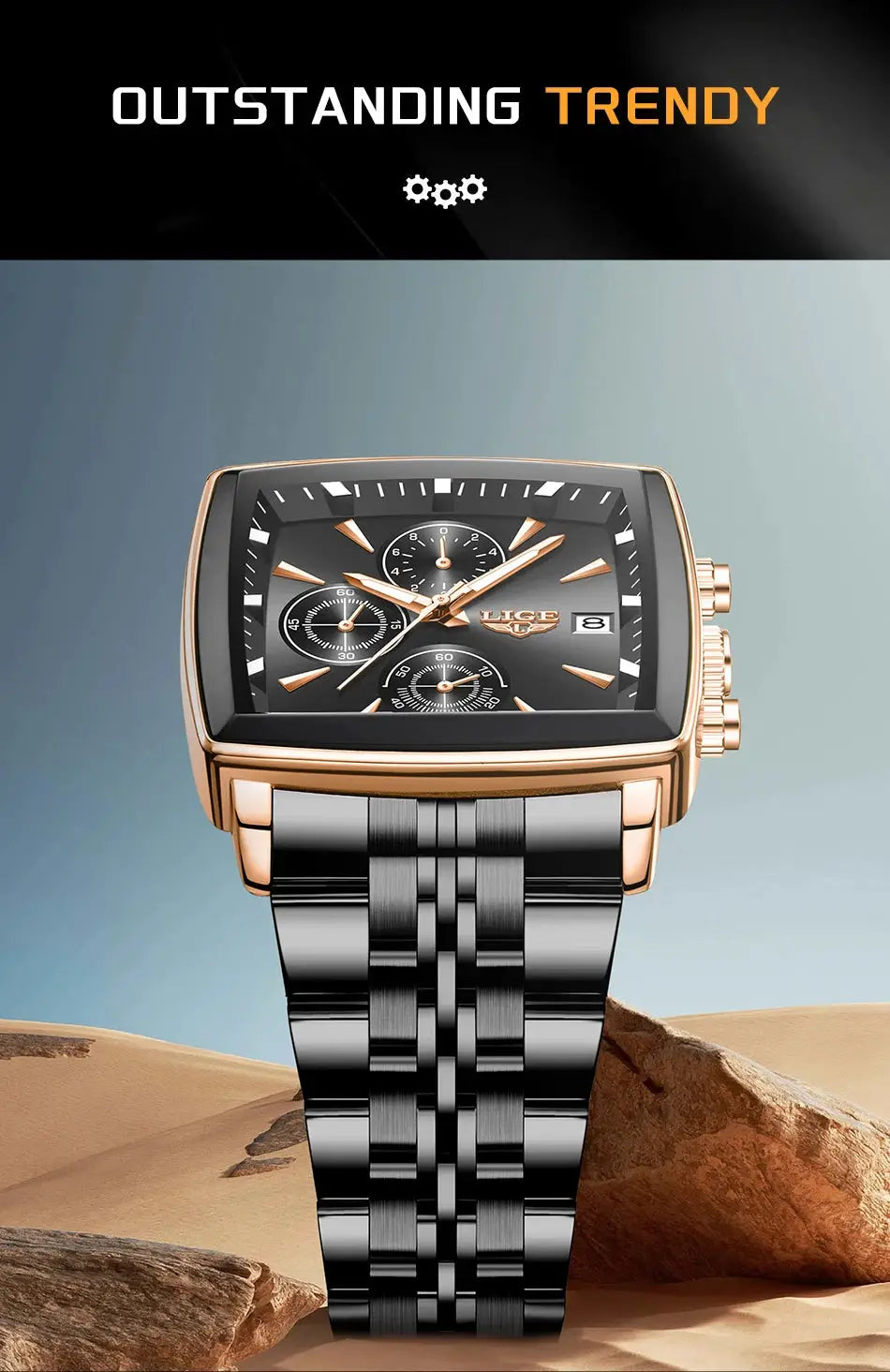 LIGE square-dial men's luxury watch with rose-gold case, stainless steel bracelet, black dial, chronograph, date