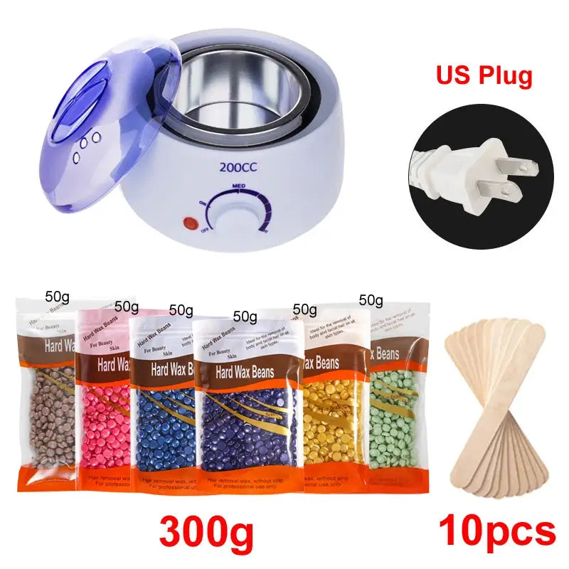 Simples Market 200ml wax warmer with US plug; 6x50g hard wax beans (300g) and 10 wooden spatulas