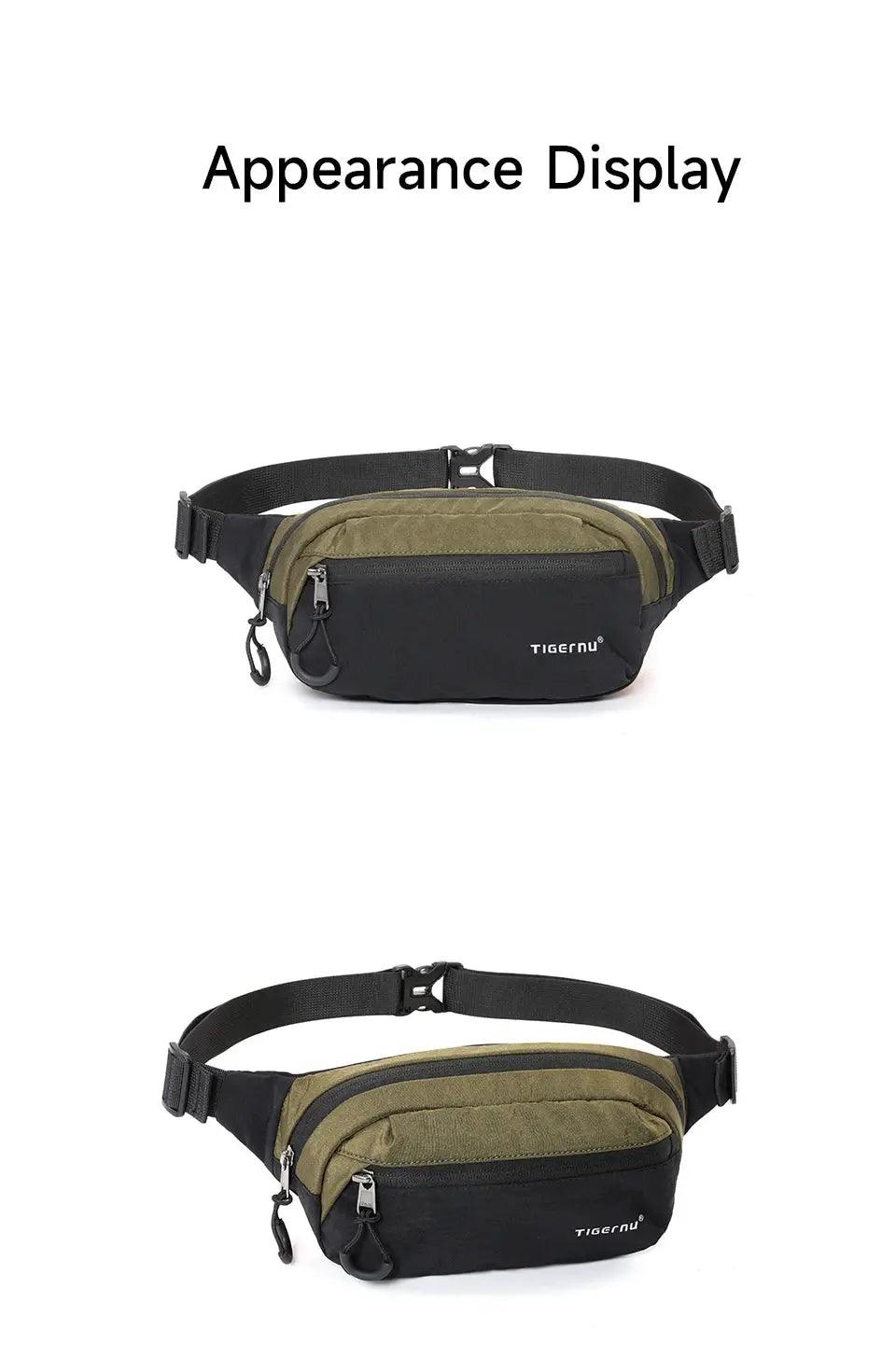 Two Tigernu waist packs in black and olive with dual zippers and an adjustable strap.