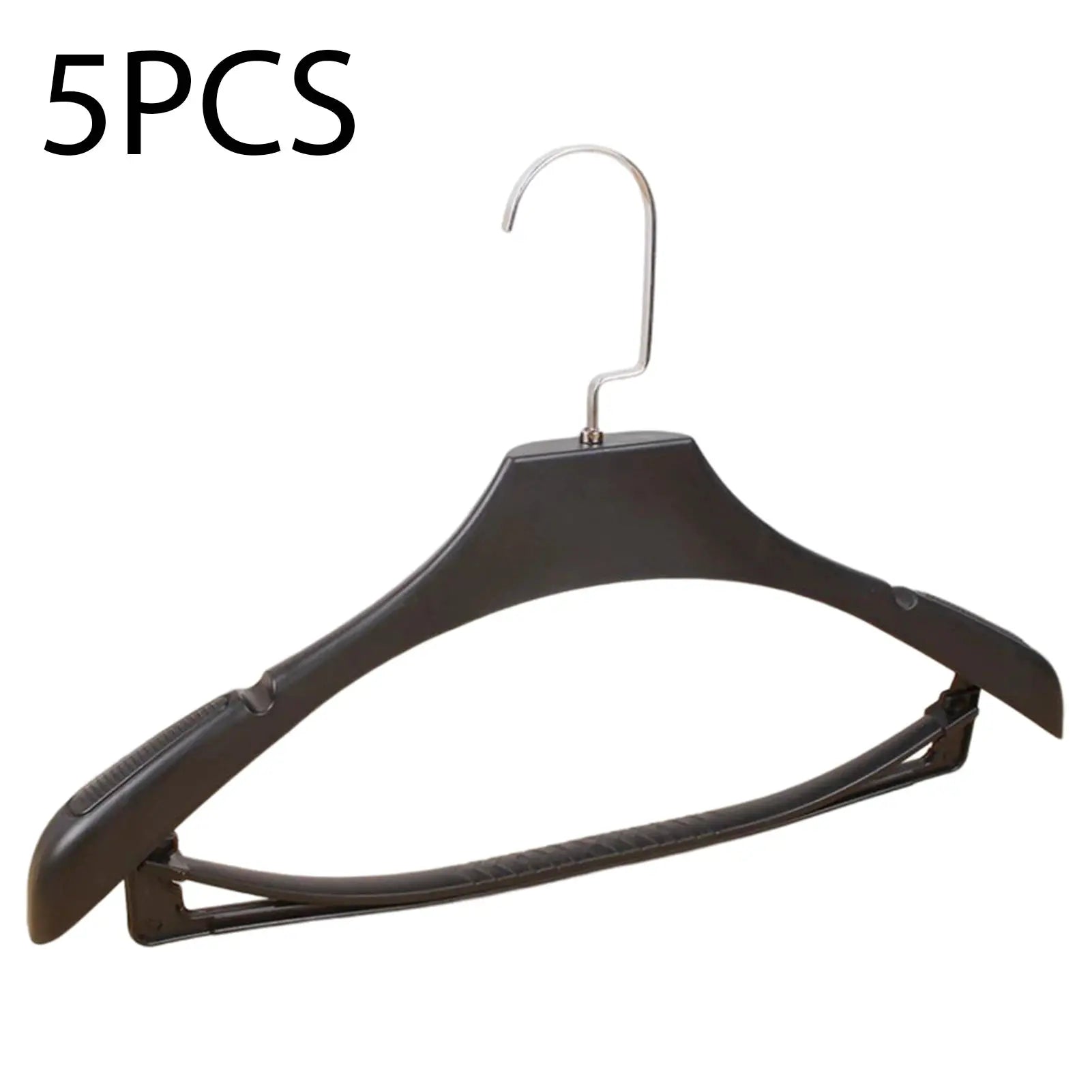 5pcs wide-shoulder plastic clothing hangers, black with metal hooks