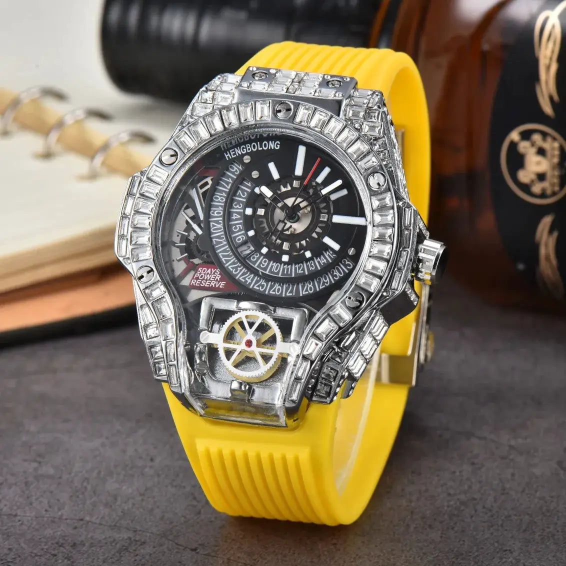 Simples Market luxury diamond-encrusted watch with yellow silicone strap and metal case
