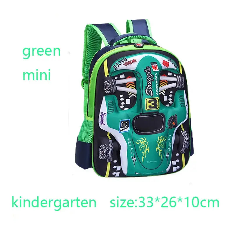 Backpack for kids, waterproof 3D car design in green and blue for kindergarten