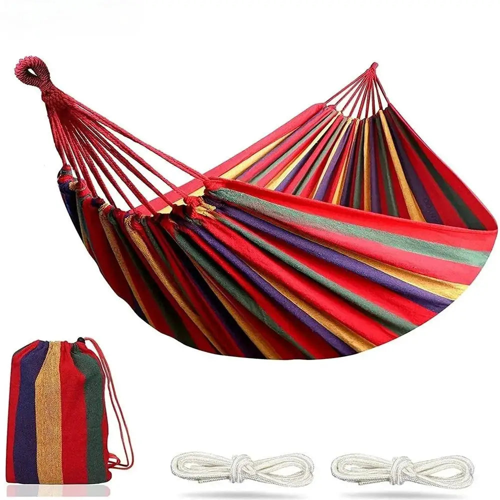 Double hammock in colorful striped canvas cotton with carrying bag and rope set