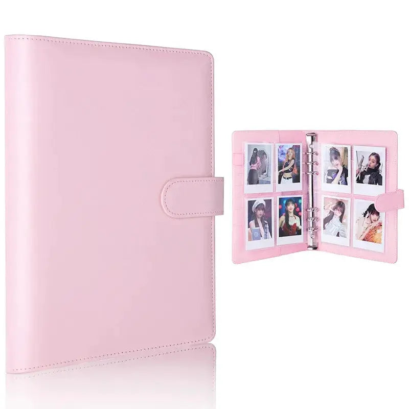 Pink A5 PU leather photocard binder with snap strap; shows 25-page 4-grid photo pages for idol cards