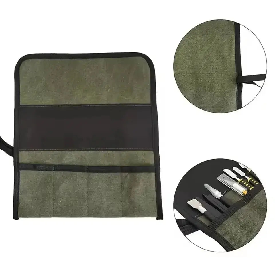 Multi-pocket roll-up tool bag in olive green Oxford cloth with hanging strap for wrenches and screwdrivers.