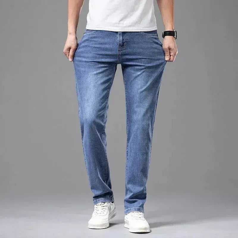 Men's gray stretch denim jeans, straight-leg casual business pants with comfortable fit