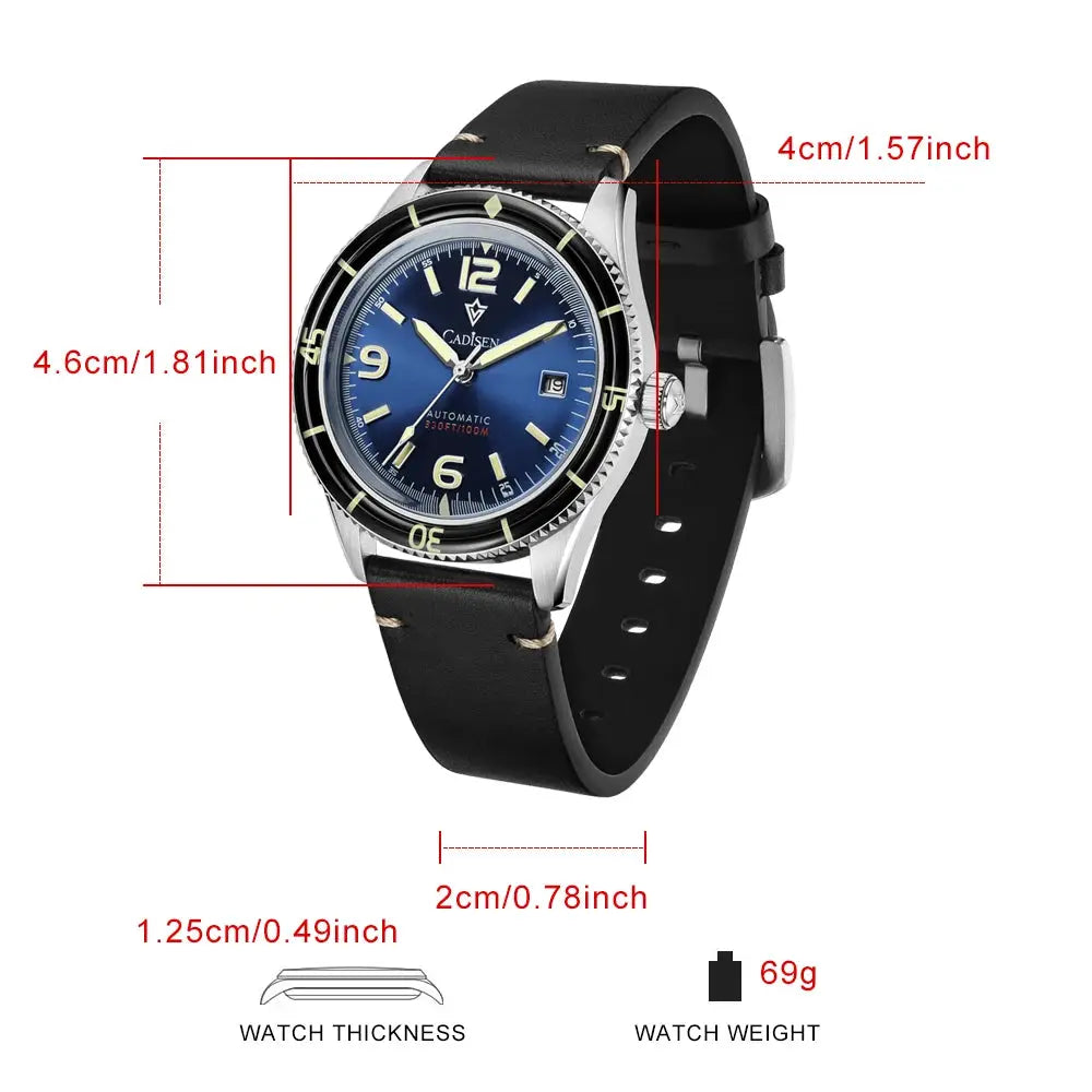CADISEN 2026 automatic watch with blue dial, black genuine leather strap, stainless steel case, 69g