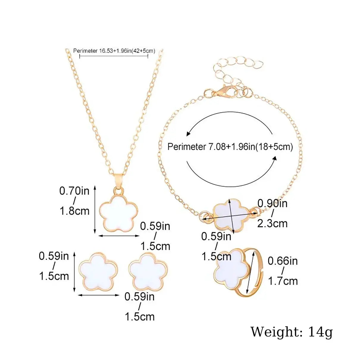Lucky Clover Five Petal Necklace Earrings Ring Bracelet Set For Women Fashion Accessories Party Jewelry