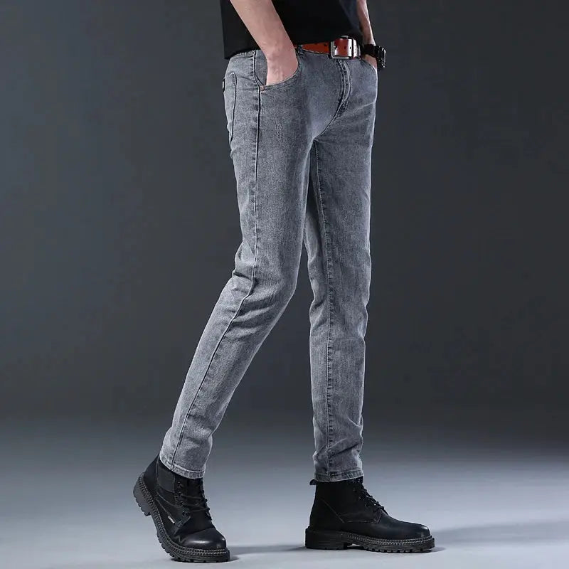 Simples Market men's slim-fit gray denim jeans with mid-rise and straight-leg silhouette