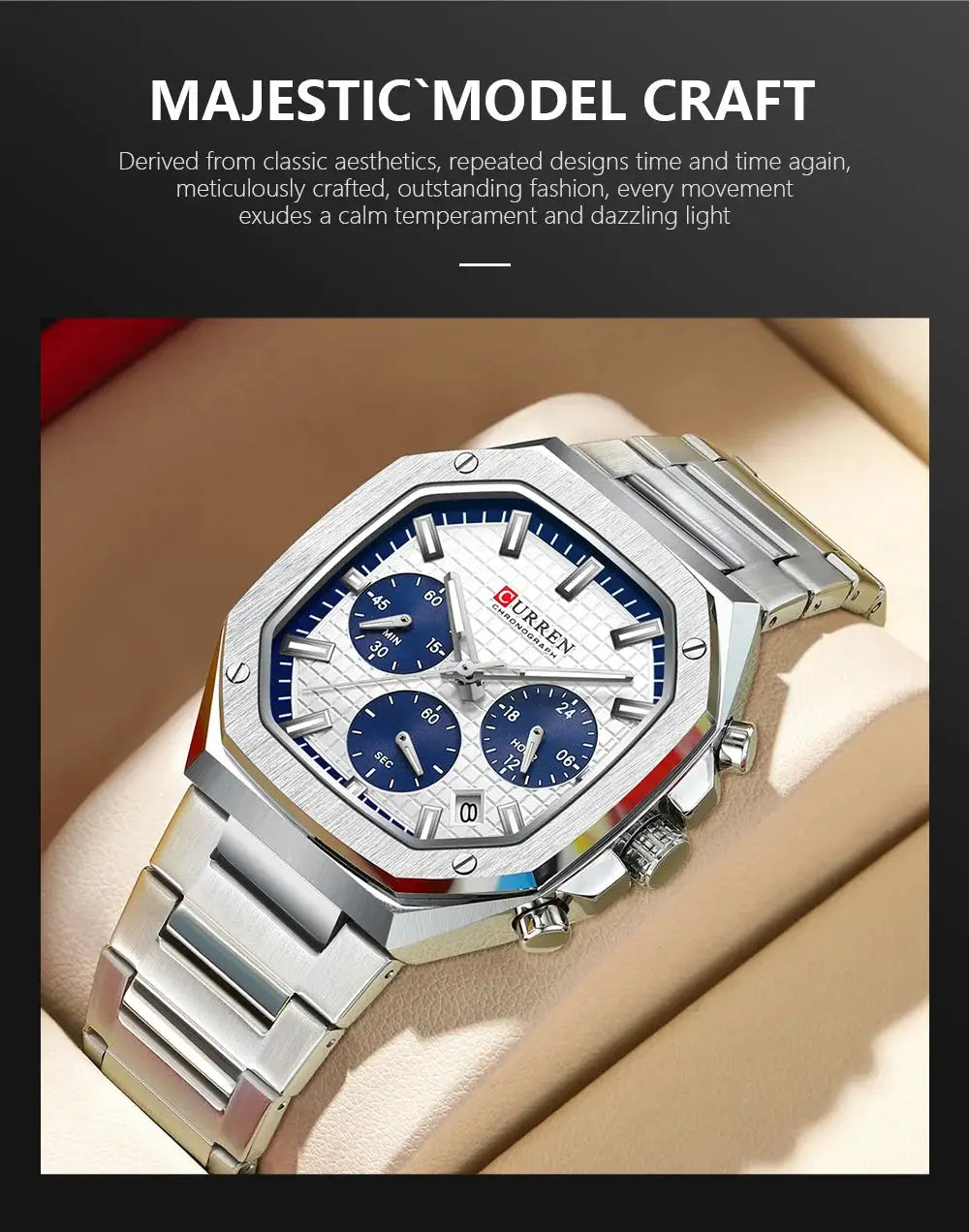 CURREN men's square stainless steel chronograph watch with date and blue subdials on a silver bracelet.