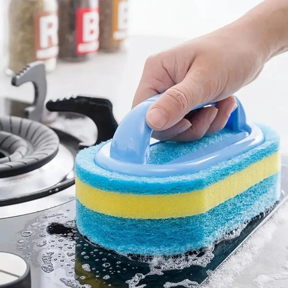 Dishwashing sponge with handle; blue plastic grip and blue-yellow layered scrubbing surface.