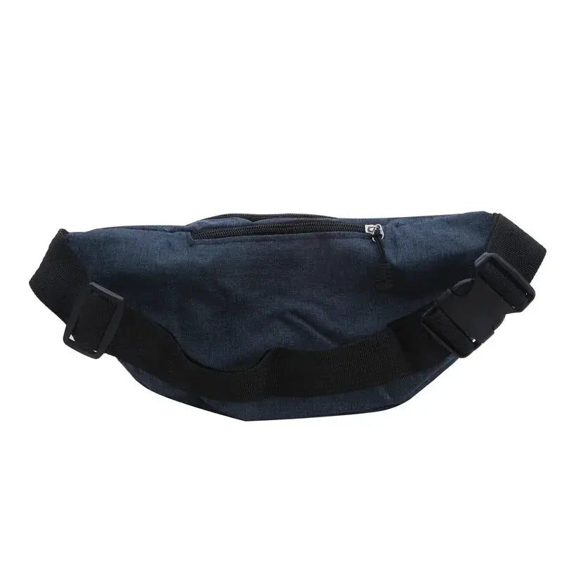 Navy blue waist belt bag with black adjustable strap and zippered pocket
